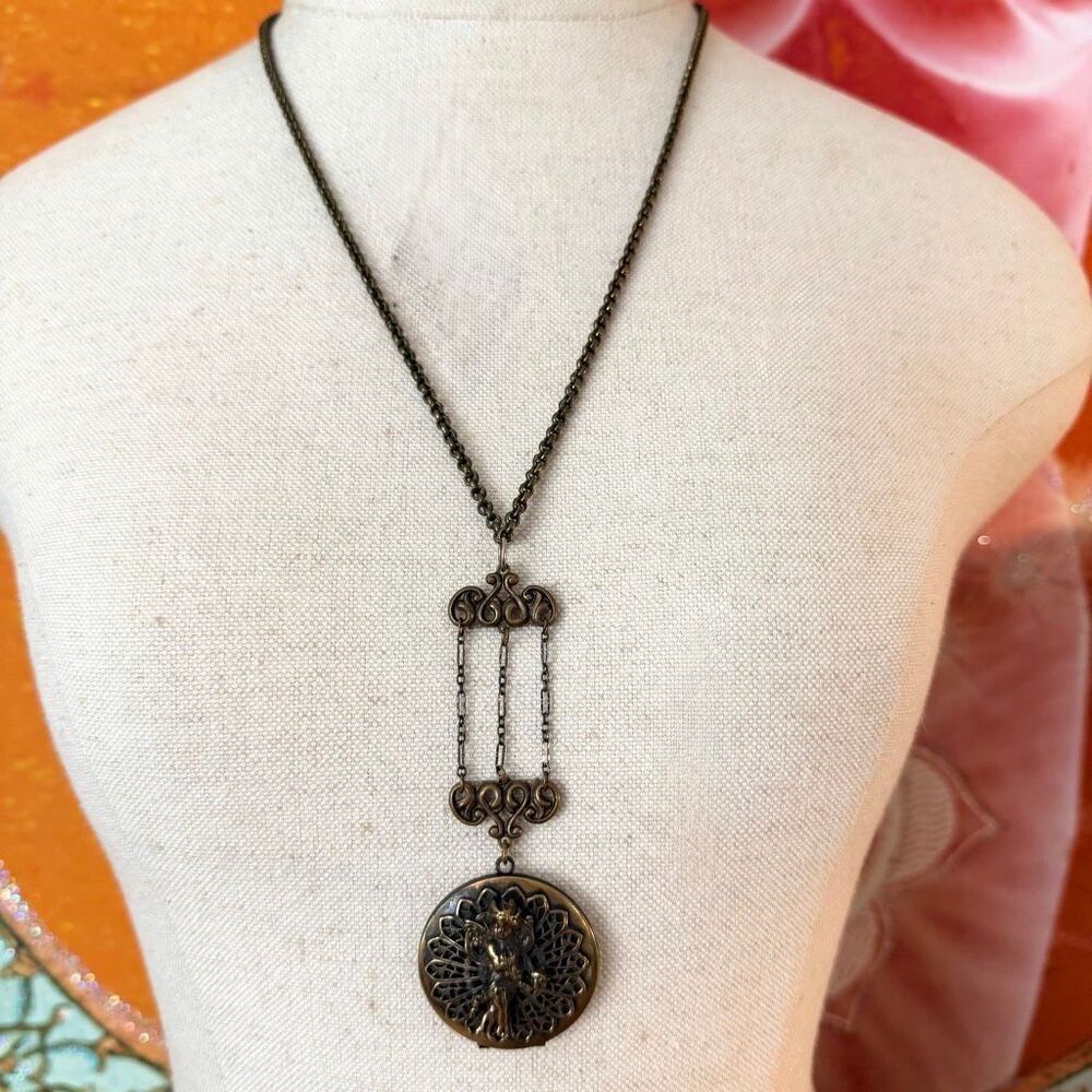 Vintage Brass Tone Fairy Locket Necklace Art Nouveau style